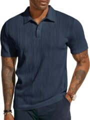 PJ PAUL JONES Mens Polo Shirts Textured Knit Polo Stretchy Regular Fit Collared Golf Shirts - Image 5
