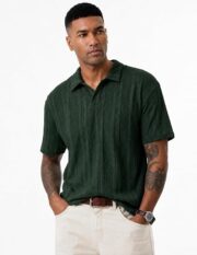 JMIERR Mens Polo Shirt Textured Knit Button Casual Short Sleeve Summer Vacation Beach Stretchy