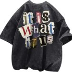 Men's Graphic Tees Funny Letter Print Vintage Oversize T Shirts Acid Wash Shirt
