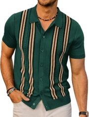 PJ PAUL JONES Mens Polo Shirts Vintage Striped Button Down Knitted Golf Shirts - Image 4